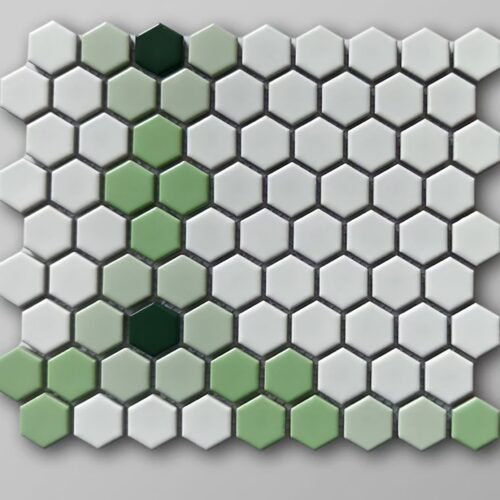 PM110 (232601) - 12 X 12 WHITE LIGHT & DARK GREEN MOSAIC TILE